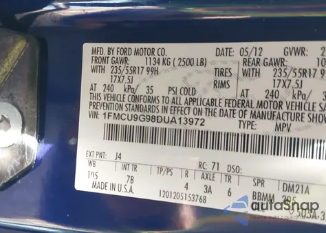 2013 Ford Escape Se from USA, damaged, VIN 1FMCU9G98DUA13972